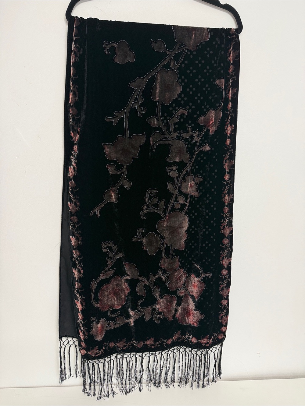 Burnout Velvet scarf/shawl/wrap with fringed ends in Black and Dusty Rose